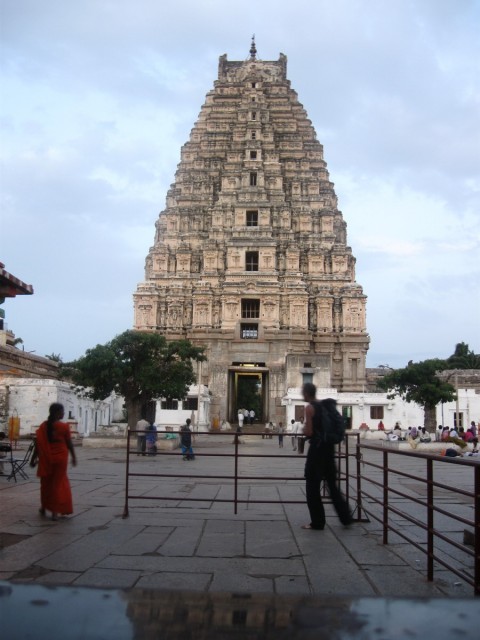 Large Hampi temple around dusk, Kristof with the backpack in front of it. At that time, they were shooting a movie down there...funny atmosphere